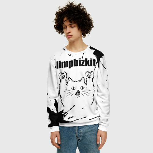Мужской свитшот 3D с принтом Limp Bizkit рок кот на светлом фоне, фото на моделе #1