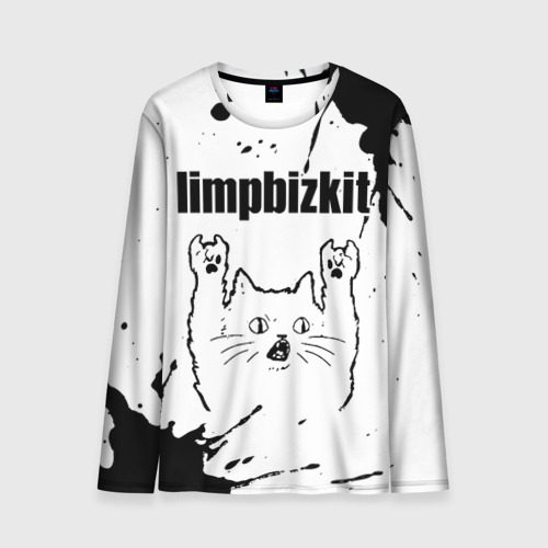 Мужской лонгслив 3D с принтом Limp Bizkit рок кот на светлом фоне, вид спереди #2