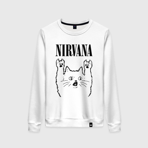 Женский свитшот хлопок с принтом Nirvana - rock cat, вид спереди #2