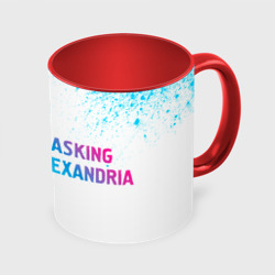 Кружка с принтом Asking Alexandria neon gradient style: надпись и символ для любого человека, вид спереди №3. Цвет основы: белый + красный