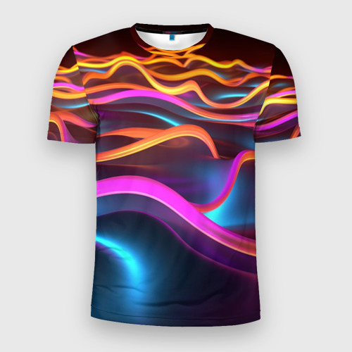 Мужская футболка 3D Slim с принтом Неоновые фиолетовые волны, вид спереди #2