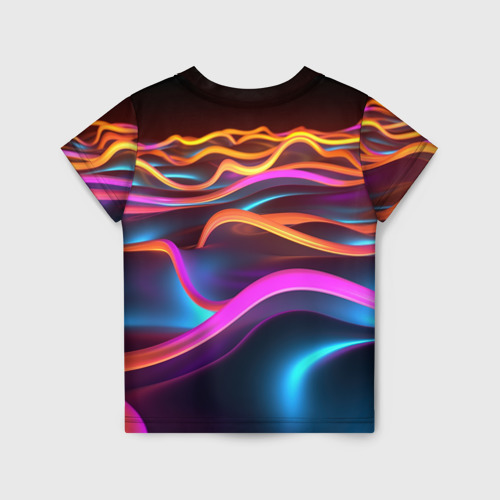 Детская футболка 3D с принтом Неоновые фиолетовые волны, вид сзади #1