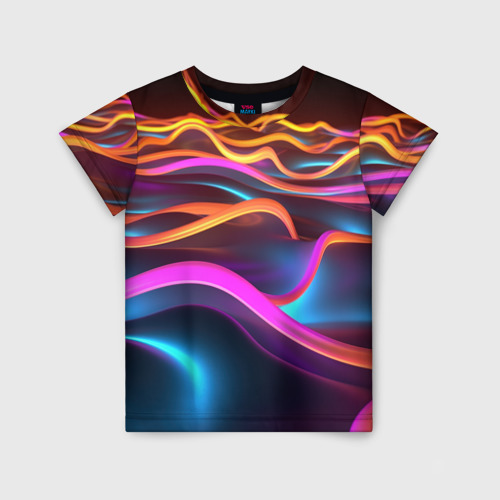 Детская футболка 3D с принтом Неоновые фиолетовые волны, вид спереди #2