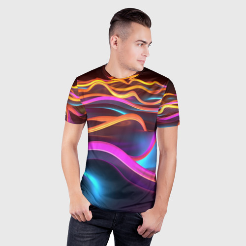 Мужская футболка 3D Slim с принтом Неоновые фиолетовые волны, фото на моделе #1