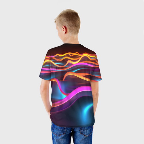 Детская футболка 3D с принтом Неоновые фиолетовые волны, вид сзади #2