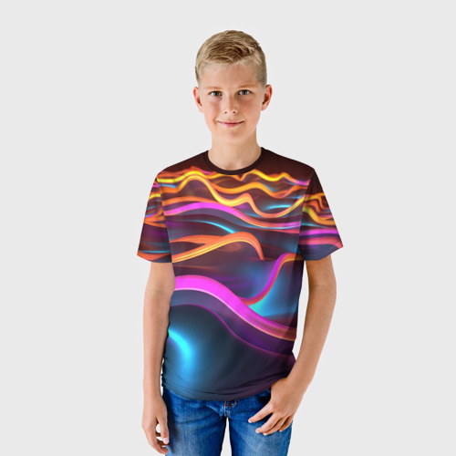 Детская футболка 3D с принтом Неоновые фиолетовые волны, фото на моделе #1