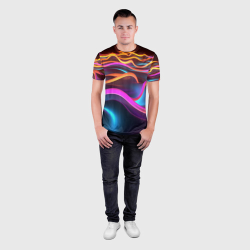 Мужская футболка 3D Slim с принтом Неоновые фиолетовые волны, вид сбоку #3