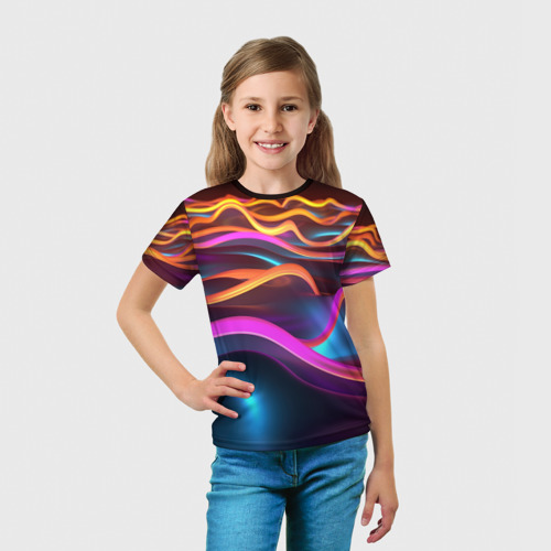 Детская футболка 3D с принтом Неоновые фиолетовые волны, вид сбоку #3