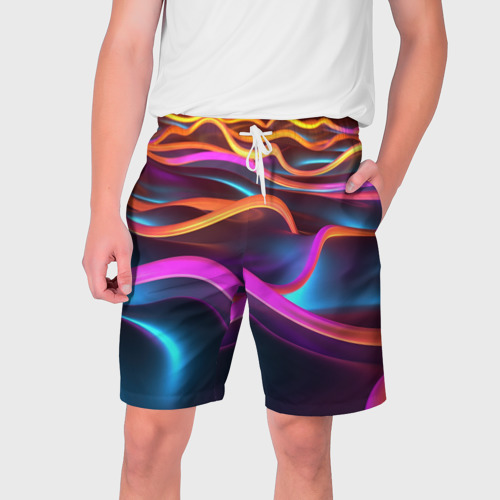 Мужские шорты 3D с принтом Неоновые фиолетовые волны, вид спереди #2