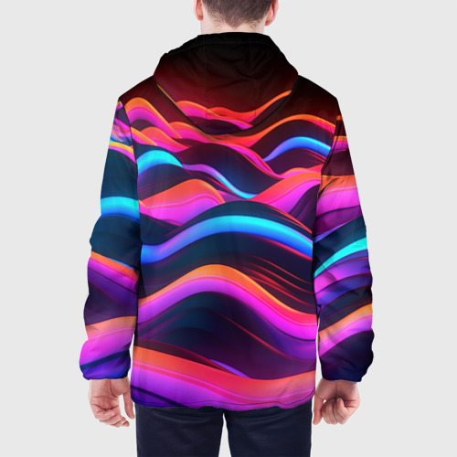 Мужская куртка 3D с принтом Неоновые  фиолетовые волны, вид сзади #2