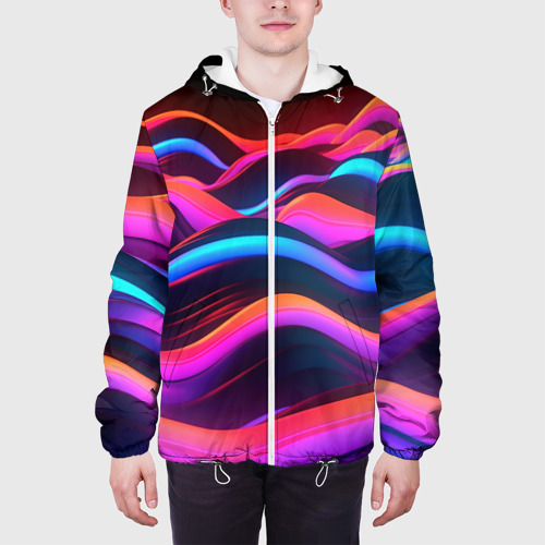 Мужская куртка 3D с принтом Неоновые  фиолетовые волны, вид сбоку #3