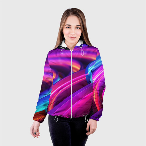 Женская куртка 3D Неоновые абстрактные волны, цвет белый - фото 3