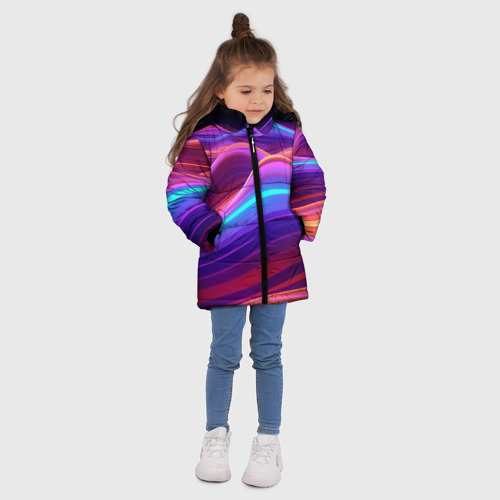 Зимняя куртка для девочек 3D с принтом Волны из неона, вид сбоку #3
