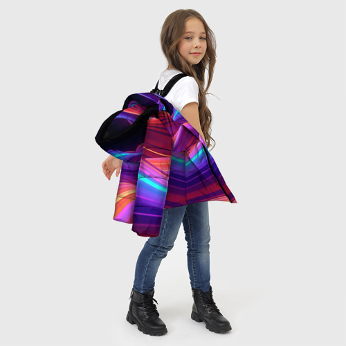 Зимняя куртка для девочек 3D с принтом Волны из неона, фото #4