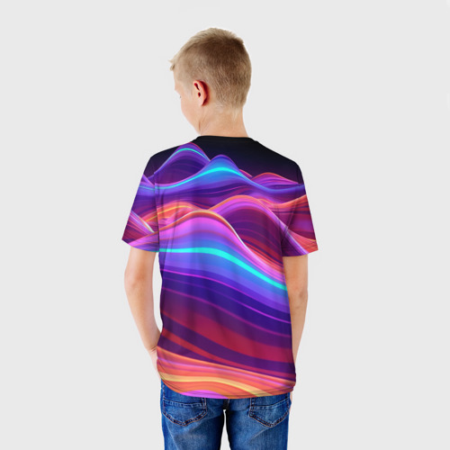 Детская футболка 3D с принтом Волны из неона, вид сзади #2