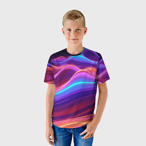 Детская футболка 3D с принтом Волны из неона, фото на моделе #1