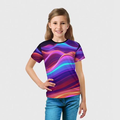 Детская футболка 3D с принтом Волны из неона, вид сбоку #3