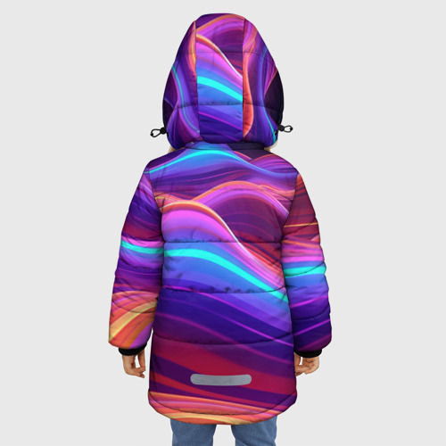 Зимняя куртка для девочек 3D с принтом Волны из неона, вид сзади #2