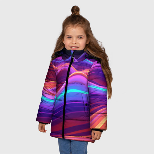 Зимняя куртка для девочек 3D с принтом Волны из неона, фото на моделе #1