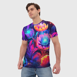Мужская футболка 3D Неоновые абстрактные цветы - фото 2