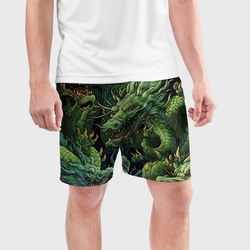 Мужские шорты спортивные с принтом Зеленые драконы: арт нейросети, фото на моделе #1