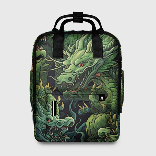 Женский рюкзак 3D с принтом Зеленые драконы: арт нейросети, вид спереди #2