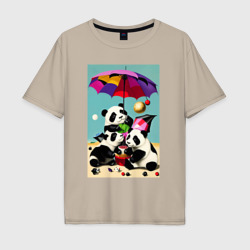 Мужская футболка хлопок Oversize Три панды под цветным зонтиком