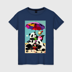 Женская футболка хлопок Три панды под цветным зонтиком
