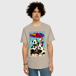 Мужская футболка хлопок Oversize Три панды под цветным зонтиком - фото 2