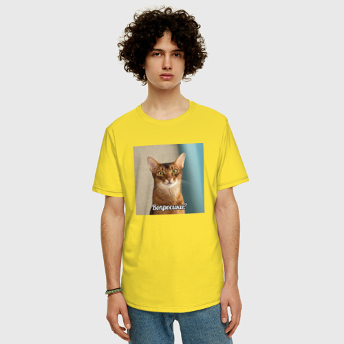 Мужская футболка хлопок Oversize с принтом Дерзкий абиссинец: вопросики, фото на моделе #1