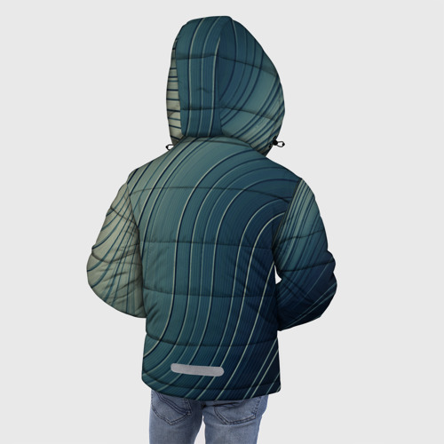 Зимняя куртка для мальчиков 3D с принтом Изогнутые линии сине-зеленый, вид сзади #2