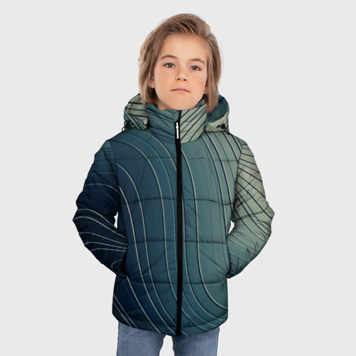 Зимняя куртка для мальчиков 3D с принтом Изогнутые линии сине-зеленый, фото на моделе #1