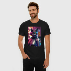 Мужская футболка хлопок Slim Взгляд чёрной кошки - Киберпанк - нейросеть - фото 2