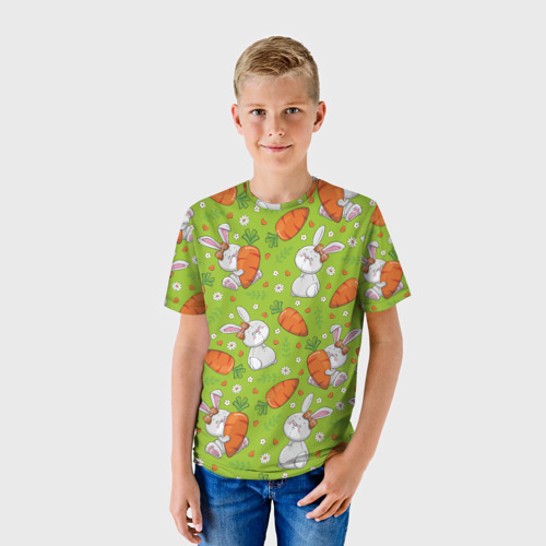 Детская футболка 3D с принтом Летние зайчики, фото на моделе #1