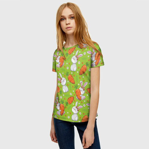 Женская футболка 3D с принтом Летние зайчики, фото на моделе #1