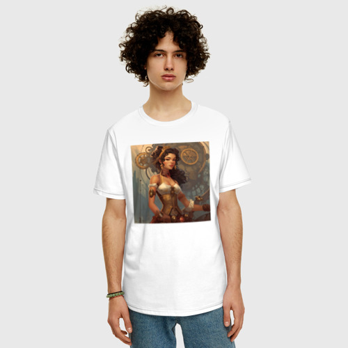 Мужская футболка хлопок Oversize Девушка в стиле стимпанк - нейросеть, цвет белый - фото 3