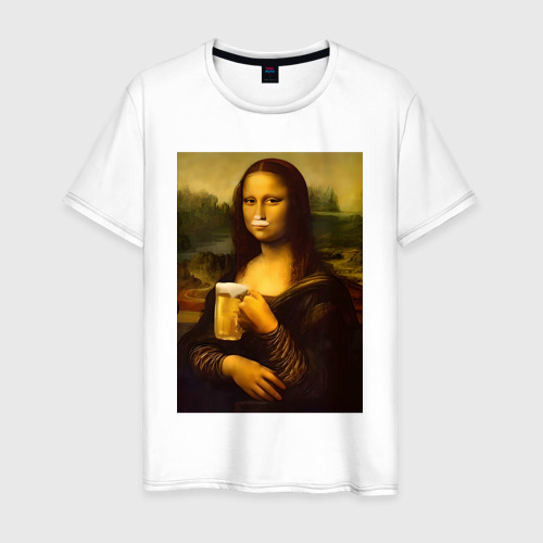 Мужская футболка из хлопка с принтом Мона Лиза с пивом, вид спереди №1