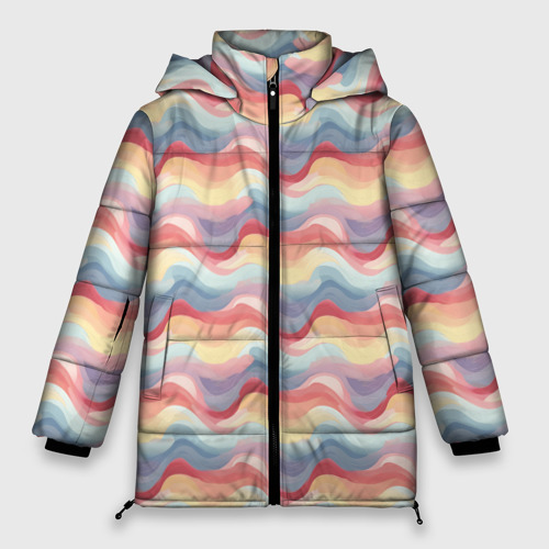 Женская зимняя куртка оверсайз с принтом Абстрактные волны пастельные тона, вид спереди №1