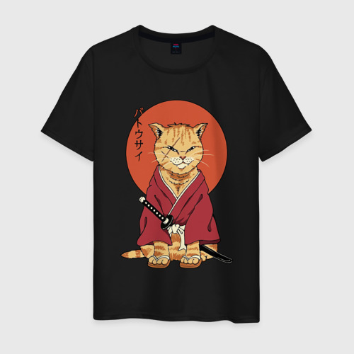 Мужская футболка хлопок с принтом Samurai kimono cat, вид спереди #2