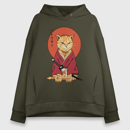 Женское худи Oversize хлопок Samurai kimono cat, цвет хаки