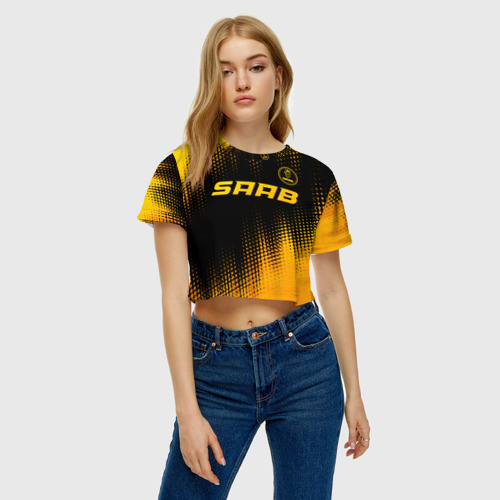 Женская футболка Crop-top 3D Saab - gold gradient: символ сверху, цвет 3D печать - фото 3