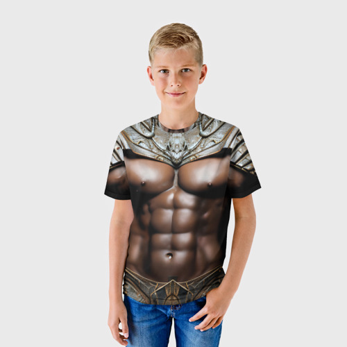 Детская футболка 3D Африканский воин культурист в доспехах, цвет 3D печать - фото 3