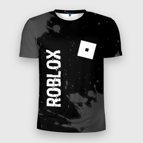 Мужская футболка 3D Slim с принтом Roblox glitch на темном фоне: надпись, символ, вид спереди #2