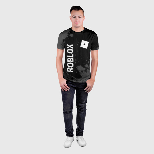 Мужская футболка 3D Slim с принтом Roblox glitch на темном фоне: надпись, символ, вид сбоку #3