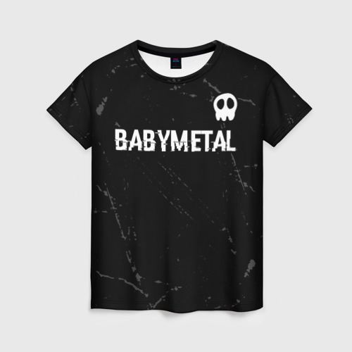 Женская футболка с принтом Babymetal glitch на темном фоне: символ сверху, вид спереди №1