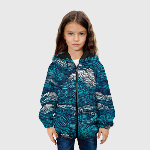 Детская куртка 3D с принтом Синие волны  абстракт, вид сбоку #3