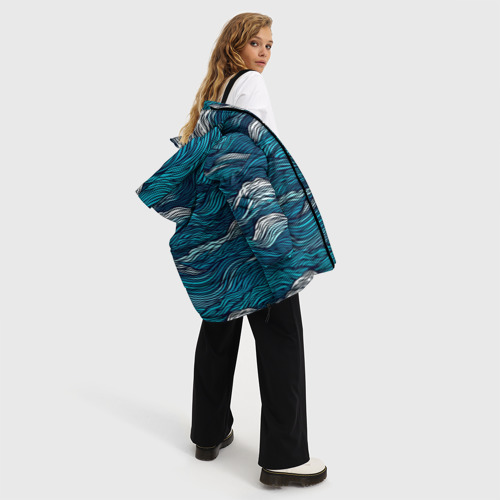 Женская зимняя куртка 3D с принтом Синие волны  абстракт, вид сбоку #3