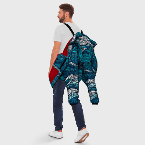 Мужская зимняя куртка 3D с принтом Синие волны  абстракт, вид сзади #2