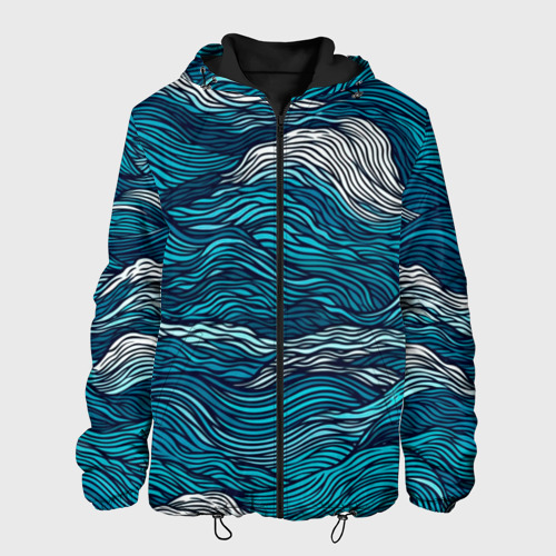 Мужская куртка 3D с принтом Синие волны  абстракт, вид спереди #2