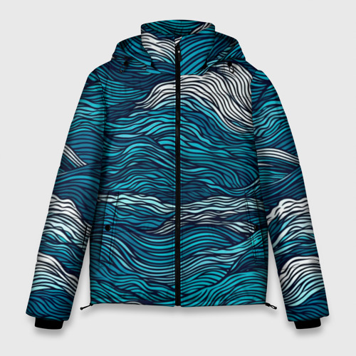 Мужская зимняя куртка 3D с принтом Синие волны  абстракт, вид спереди #2